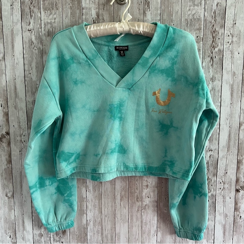 True Religion Women's Aqua Tie-Dye V-Neck Cropped Sweatshirt Lounge XS